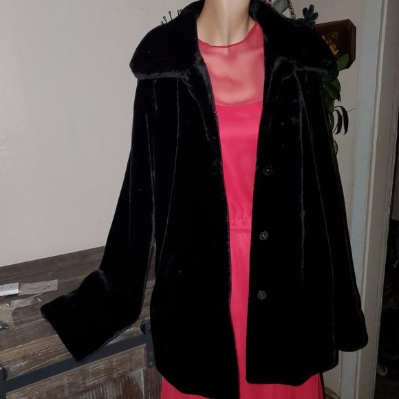 Dennis Basso Lg Blk Plush Faux Fur Jacket Elegant - Picture 2 of 12